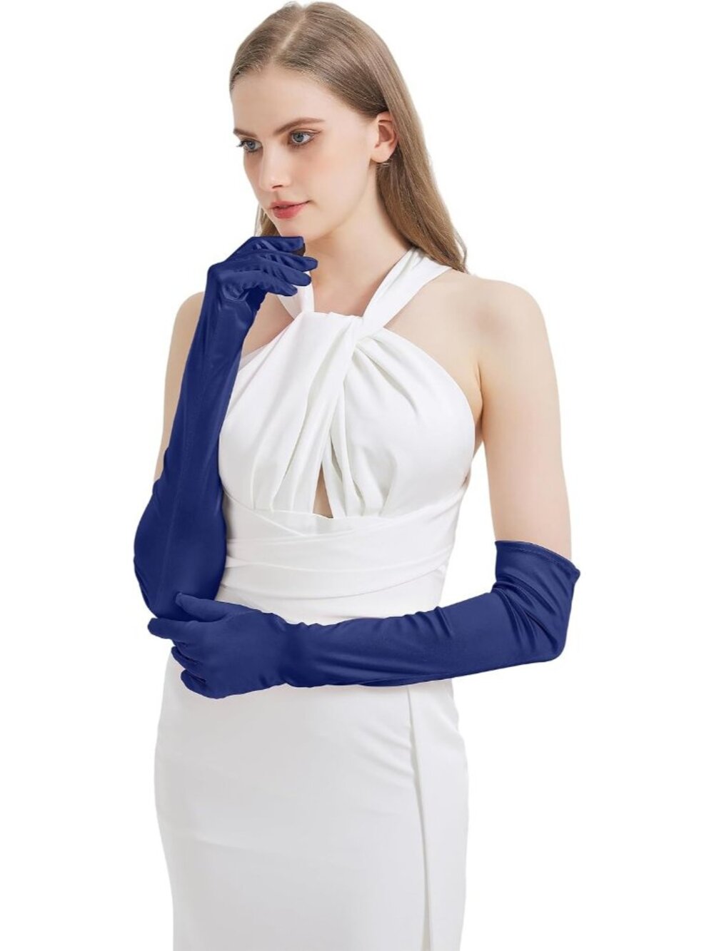 Women's Navy Blue Satin Opera Elbow Length 1920s Flapper Long Gloves Party - Picture 5 of 7